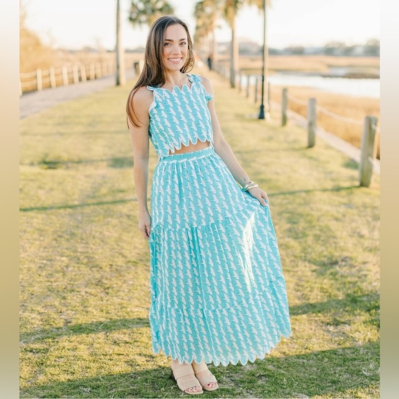 Victoria Dunn Dresses & Skirts - Victoria Dunn Lupine Scalloped Cotton Crane Print Top Skirt Set Sz XS RARE